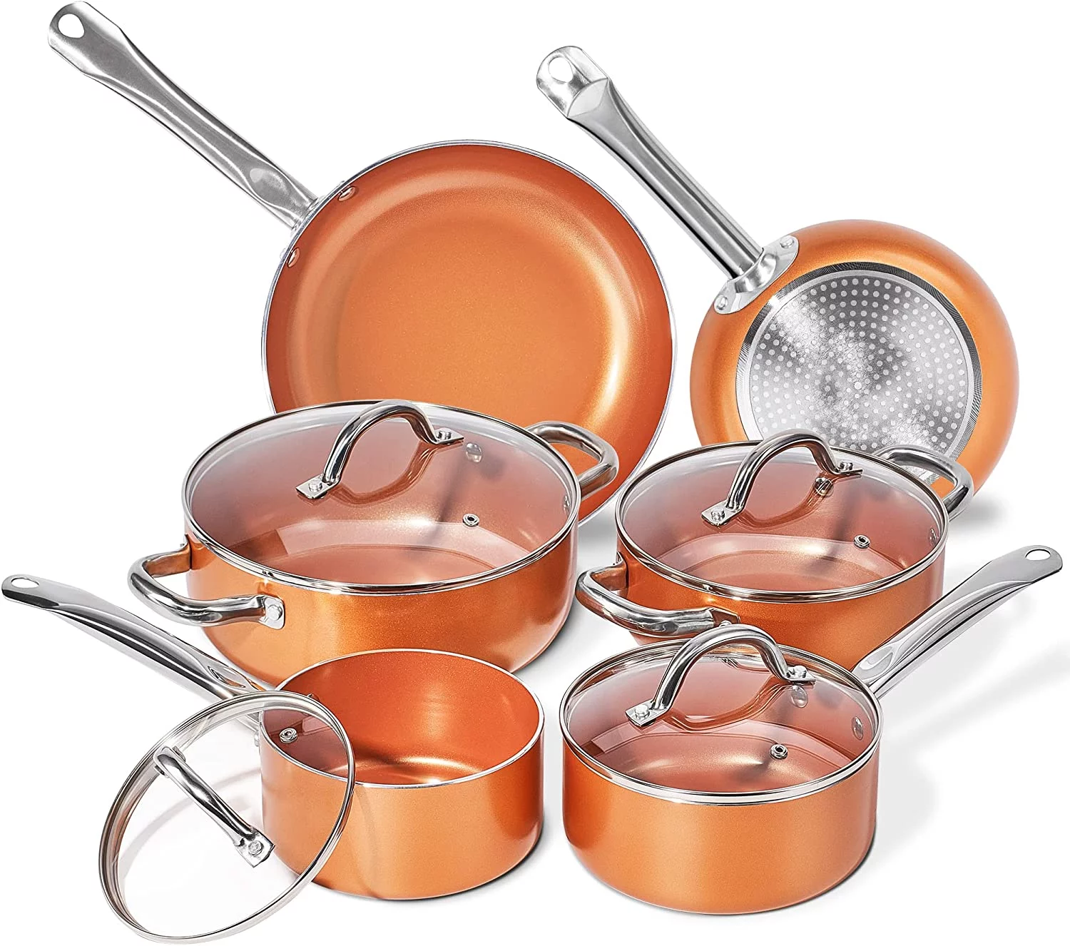 Excellent Copper Pots and Pans Set  10 Piece Nonstick Chef Cookware Set with Ceramic Coating  No Assembly Required Stainless Steel Handles  Dishwasher & Oven Safe  Orange