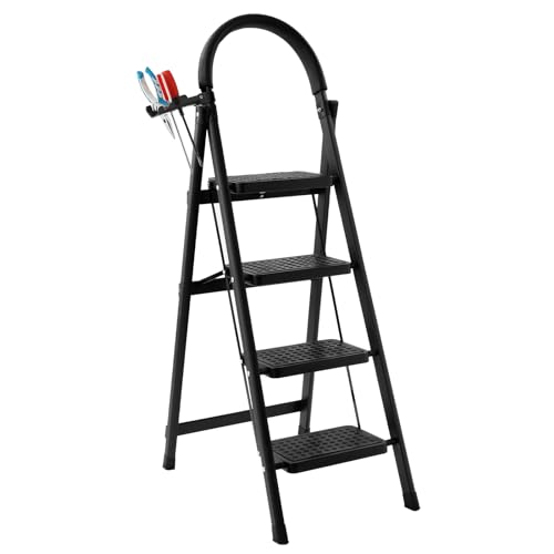 Step Ladder 3 Step Folding, 330lbs Load Capacity 3 Step Ladder with Handrails, Step Stools for Adults with Anti-Slip Pedal, Lightweight Portable Step Stool Foldable for Household, Black
