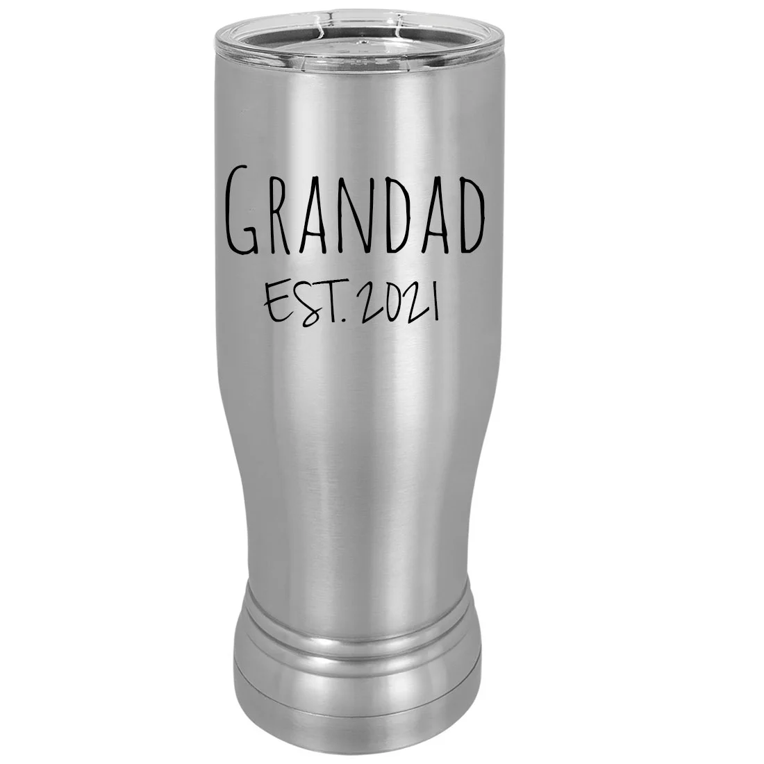 Grandad Est. 2021 Established 14 oz Silver Stainless Steel Double-Walled Insulated Pilsner Beer Coffee Mug with Clear Lid