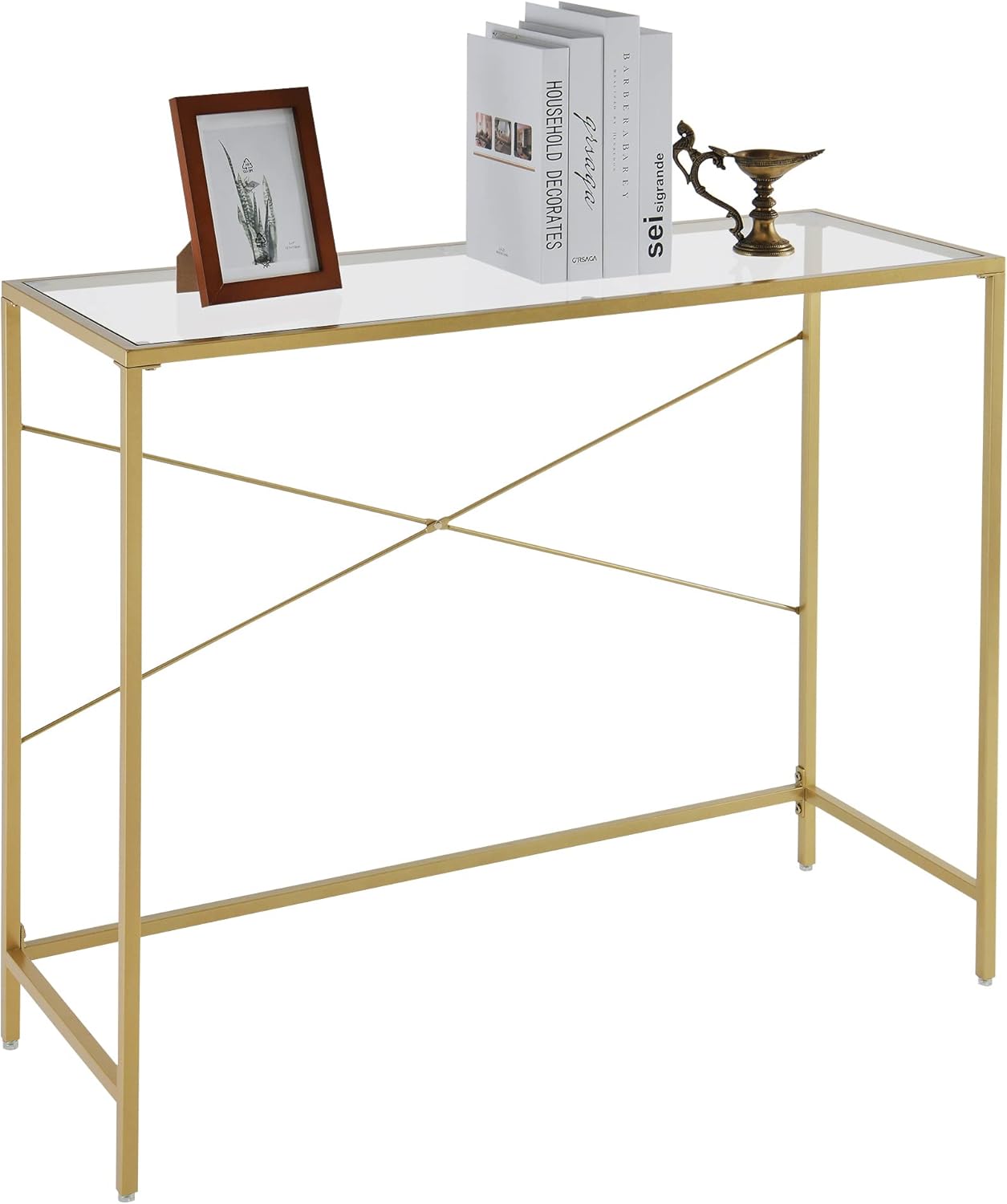 Golden Console Table, 39.37” Entryway Table with Tempered Glass Top, Narrow Sofa Table with Metal Frame, Modern Slim Home Table for Hallway, Living Room, Office, Easy Assembly, Gold SFZ21404GD