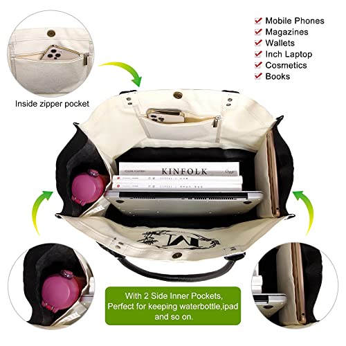 BeeGreen Mother's Day Gifts Personalized Women's Large White and Black Canvas Tote Bag, Embroidered Initials, Leather Handle, Zipper Closure