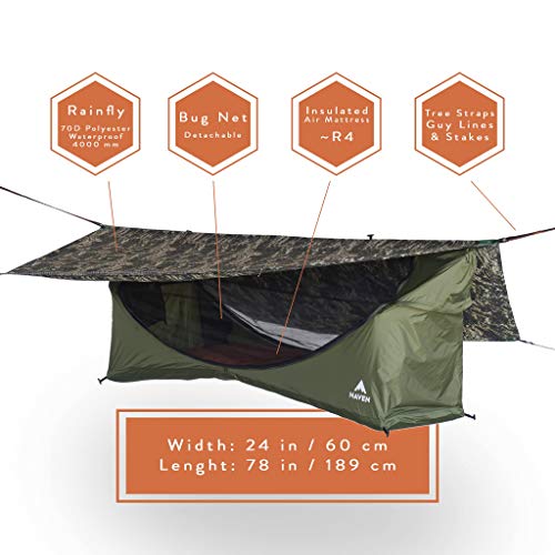 Haven Tents Lay Flat Hammock Tent - Waterproof Tent & Camping Hammock with Mosquito Net - Includes Insulated Pad and Rainfly - Haven Tent, Haven XL, Haven Safari