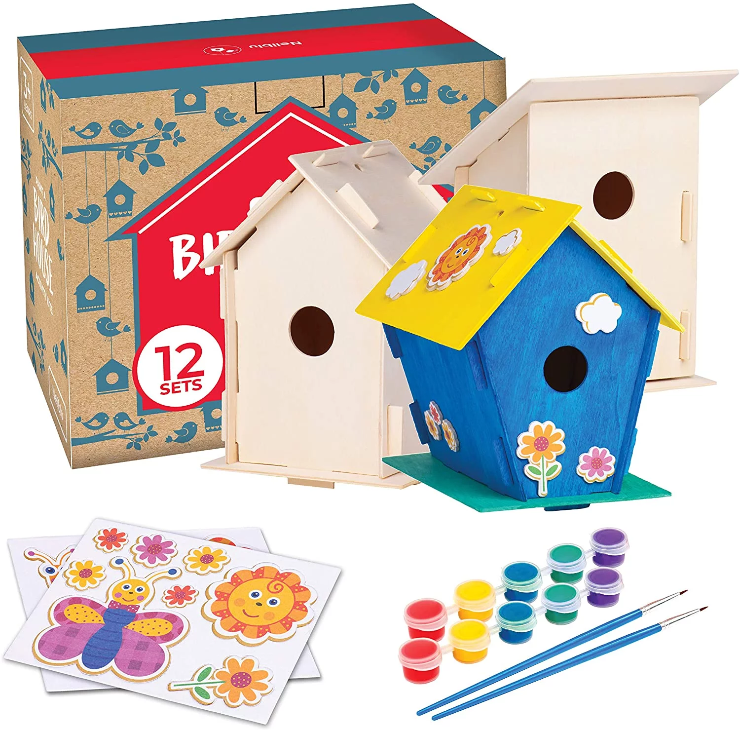 12 Wooden Birdhouse Crafts for Kids - DIY Unfinished Wood Birdhouse Kits with Paint Strips, Paintbrushes & Stickers - Bulk Arts and Crafts Set
