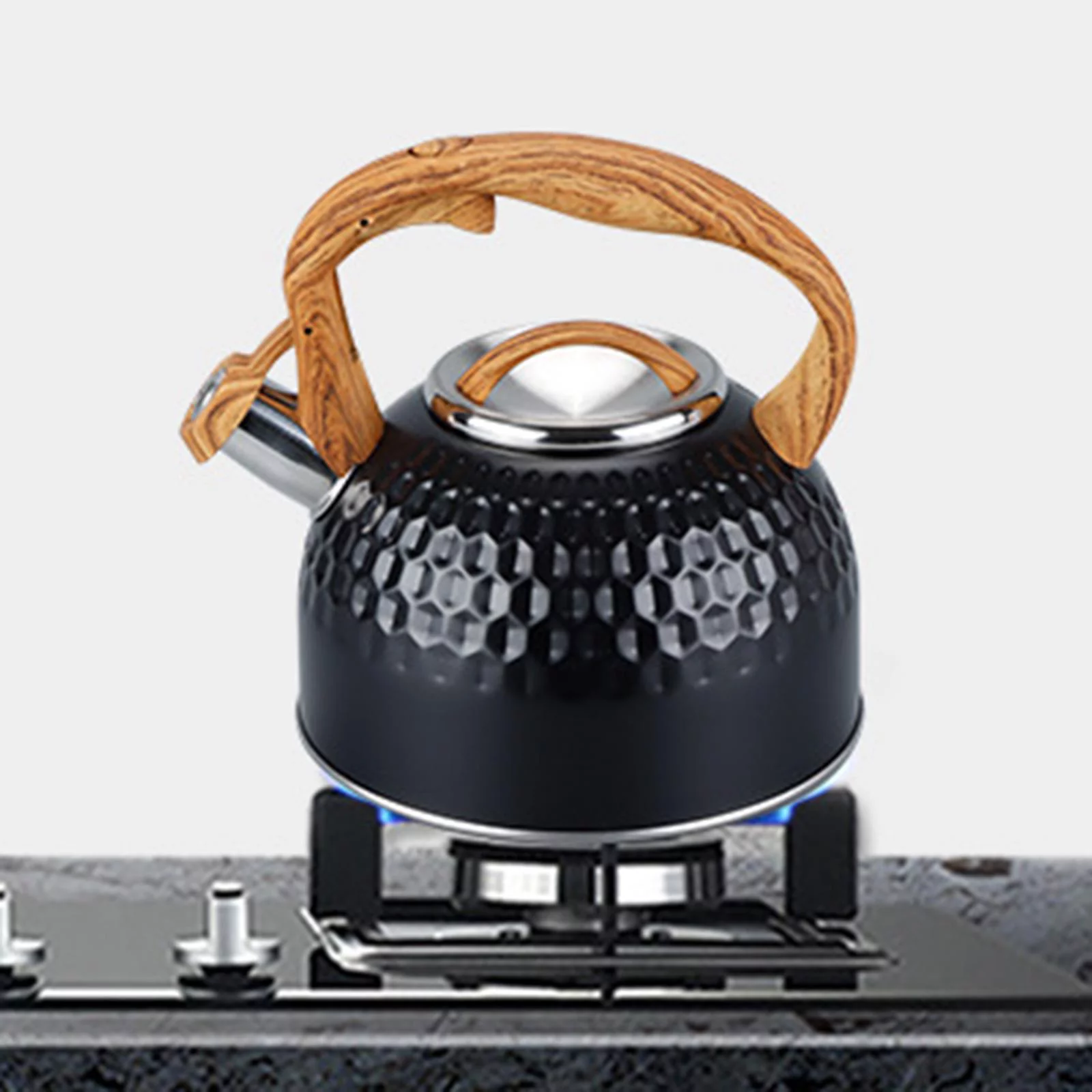 2500ml Black Stainless Steel Tea Pot Whistling Kettle with Wooden Pattern Handle