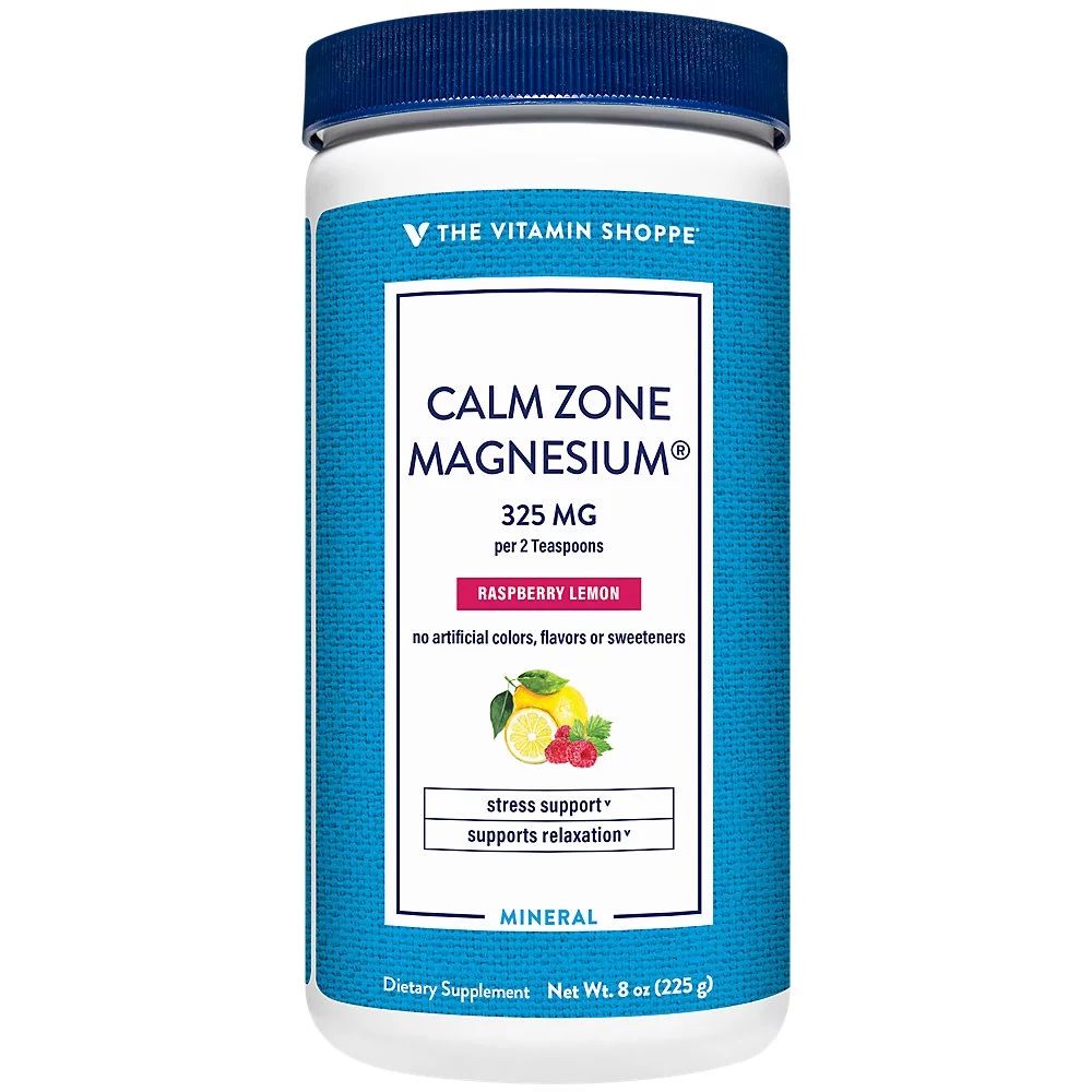 The Vitamin Shoppe Calm Zone Magnesium Mineral Powder, 325mg Raspberry Lemon Relaxation Drink for Muscles, Digestive & Bone Support – Natural Flavors for Calm & Regularity (8 Ounces Powder)