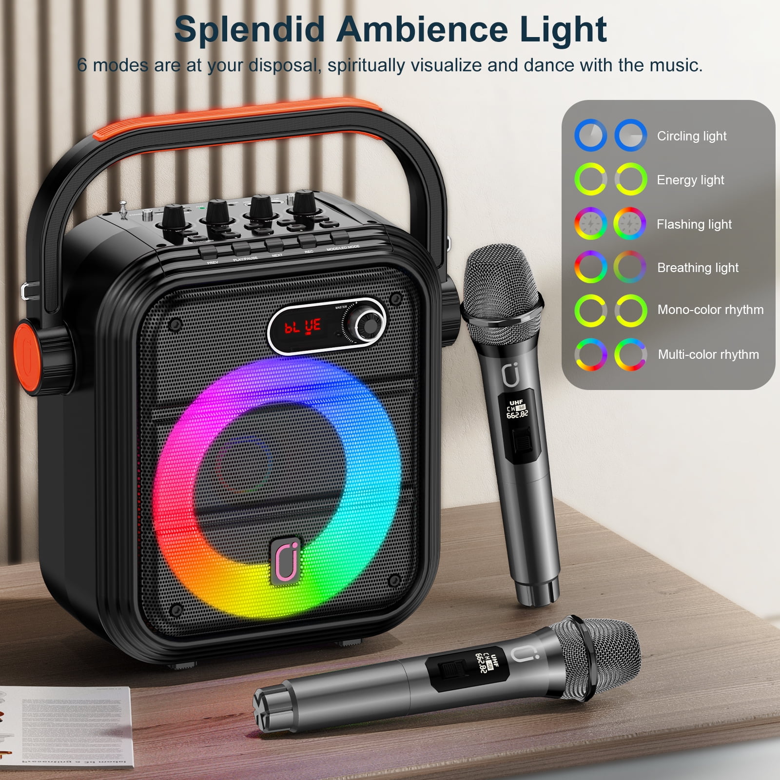 JYX 66Pro Karaoke Machine, Singing Machine Home Karaoke System with 2 Karaoke Microphones, Outdoor Bluetooth Party Speaker with RGB Light, FM Radio