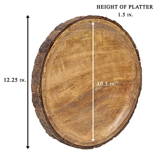 GoCraft Round Wooden Serving Platter with Tree Bark on Edges | Mango Wood Pizza Platter, Serve Board | Charcuterie Platter - 13