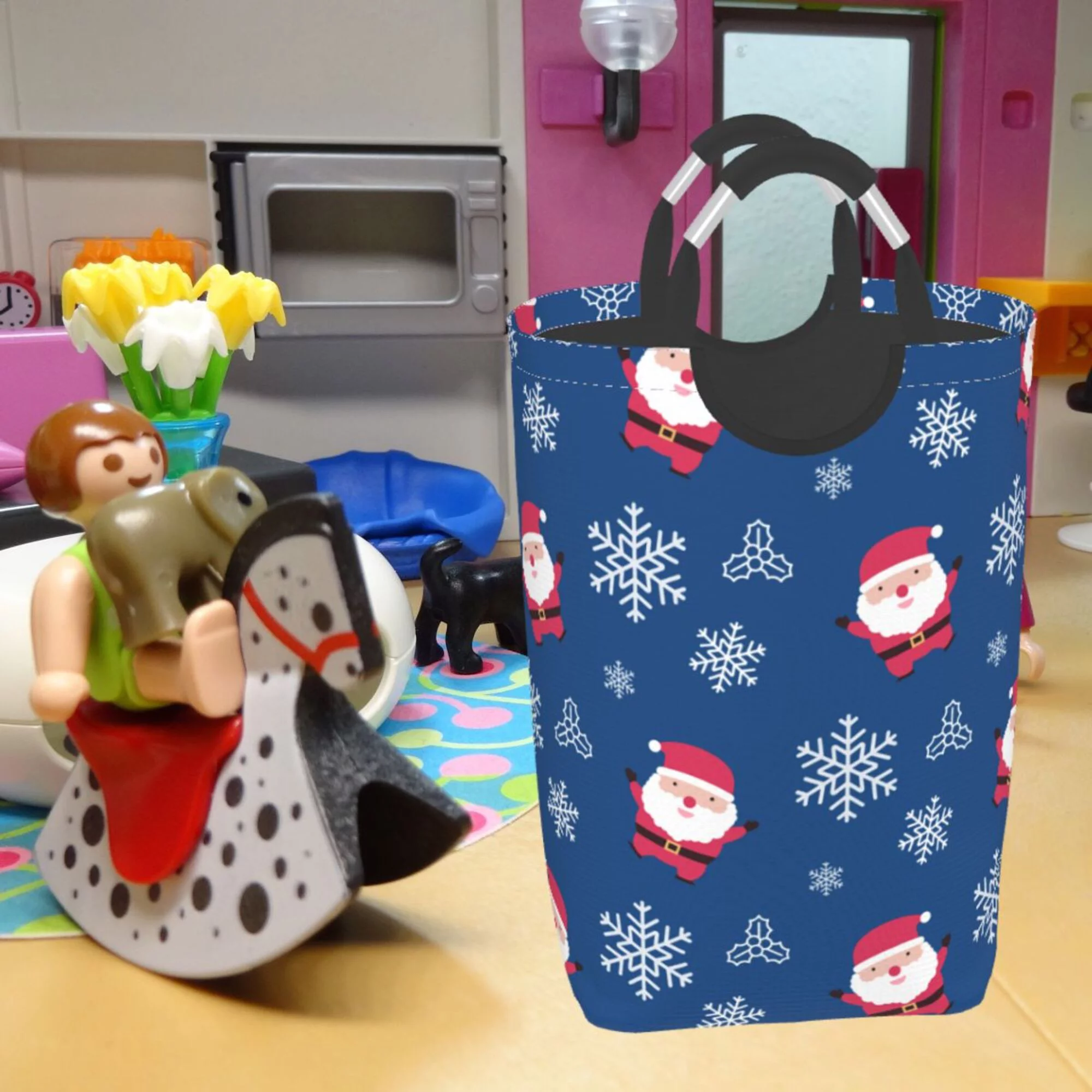 TEQUAN 50L Large Rectangular Laundry Hamper with Aluminum Handles, Santa Claus Snowflake Prints Waterproof Foldable Dirty Clothes Basket