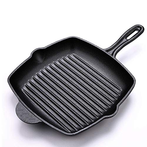 10.5 Inch Square Cast Iron Grill Pan, Pre-seasoned skillet with Helper Handle Easy Grease Draining for Grilling Bacon Steak and Meats (Black)