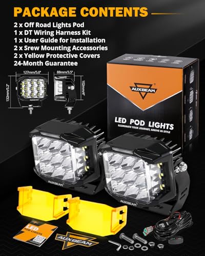 Auxbeam V-MAX Series 72W LED Pod Driving Lights, 4x2.5 Inch Rectangle Side Shooter Offroad Cube Spotlights with Amber DRL, 270° Combo Beam 6 Modes White/Amber/Yellow Auxiliary Lights with Covers