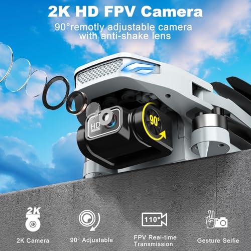 Drone with Camera, 2K HD FPV Drone with Brushless Motor, Altitude Hold, Gesture Selfie, 3D Flips, Waypoint Fly, One Key Take Off/Landing, Foldable Mini Drones for Adults and Beginners
