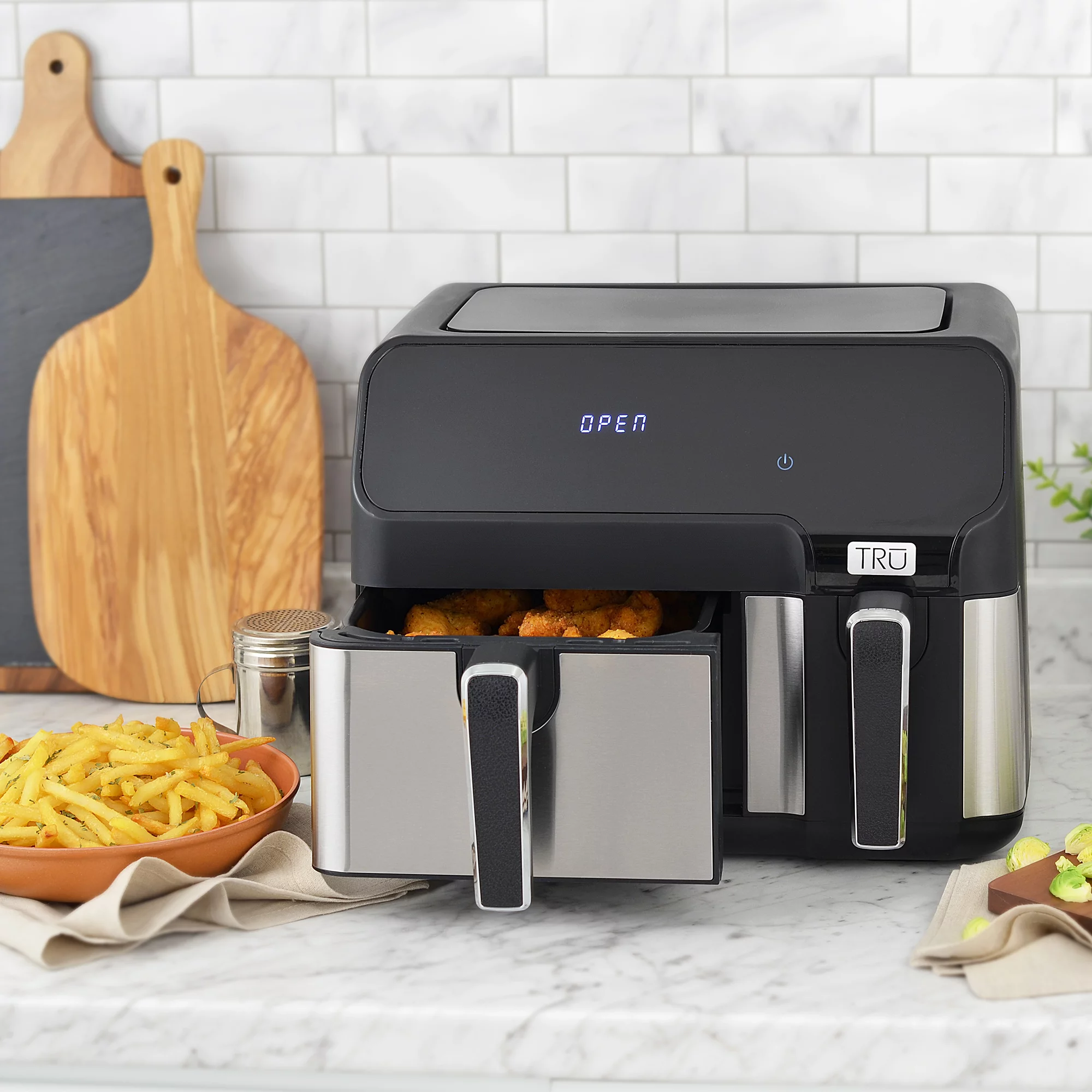 TRU 9 Quart Dual Basket Digital Air Fryer Black and Stainless