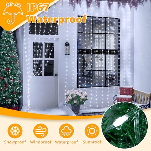 Ollny Christmas Curtain Lights 300 LED 9.8 FTx9.8 FT, Outdoor Waterproof Curtain String Lights with Remote Timer 8 Modes, USB Waterfall Window Lights for Wall Backdrop Home Decorations (Warm White)