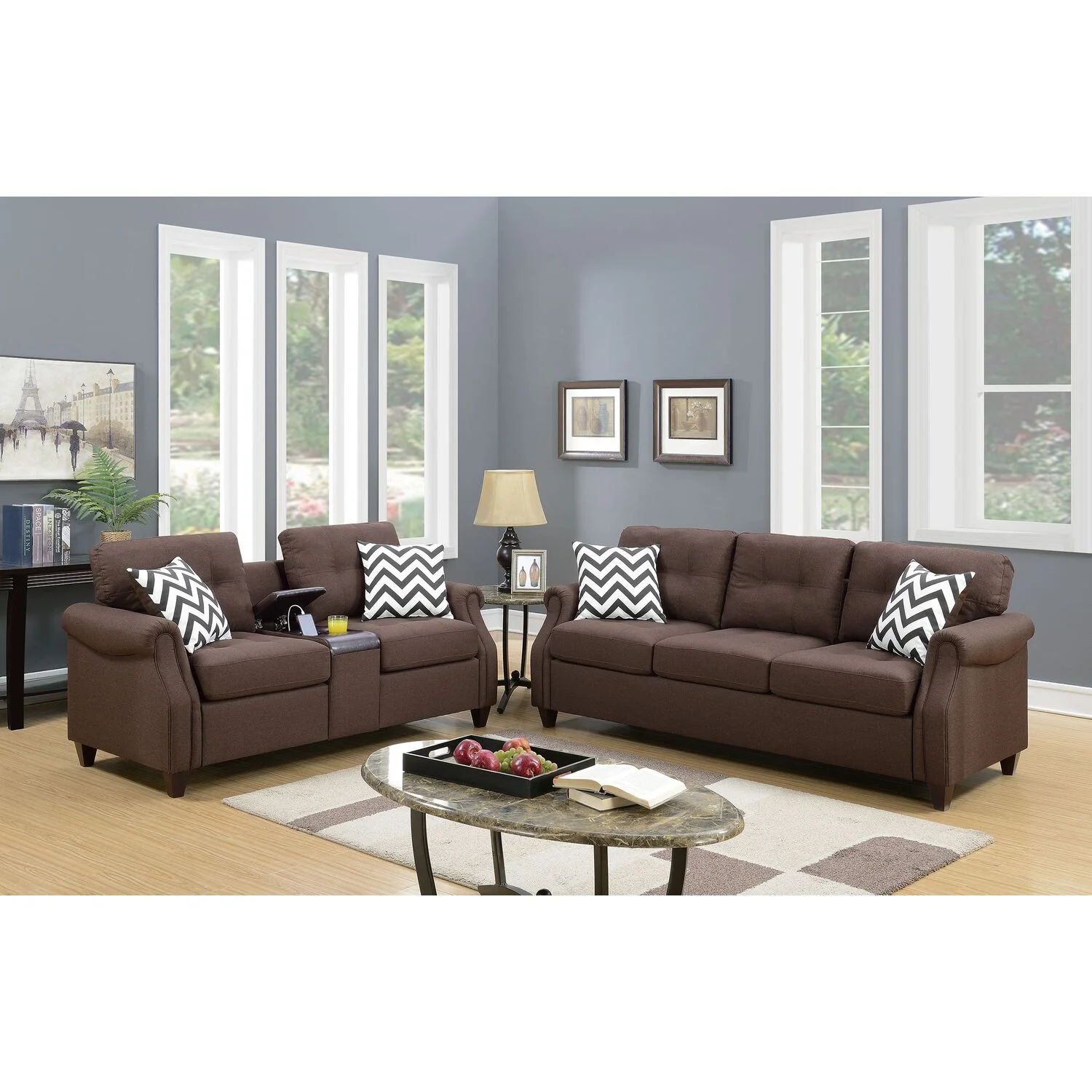 Poundex 2 Piece Fabric Sofa Set with USB Console in Dark Coffee