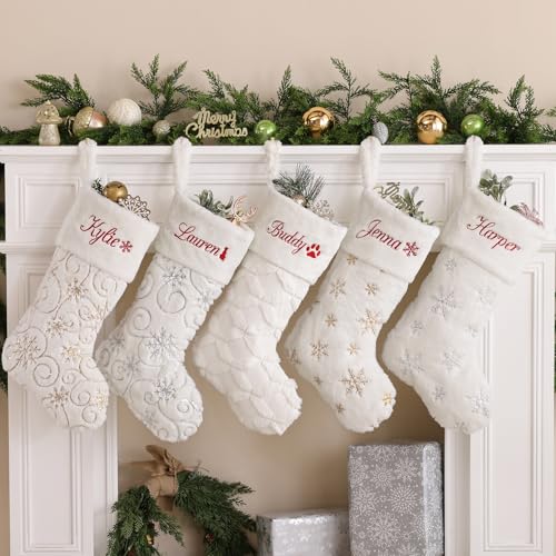 Personalized Christmas Stockings 1 Pack White Christmas Stockings with Names Custom Embroidered Monogram Gold Silver Large Faux Fur 21 inches Neutral Luxury Xmas Stocking for Family Kids Farmhouse