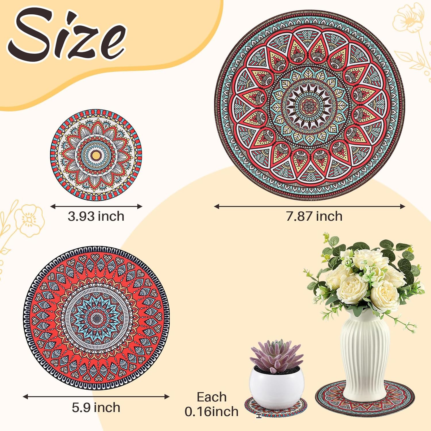 Nuanchu 6 Pcs Boho Plant Pot Mat 3 Sizes Absorbent Non Slip Pots Pad Round Plant Coaster Mat Gardening Indoor Outdoor Flower Plant Protect Mat for Table Desk Floor Plant