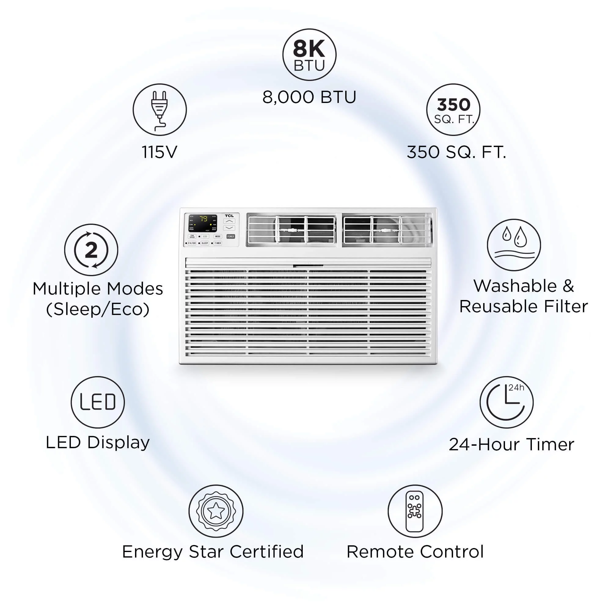 TCL Home Smart 8,000 BTU Through-The-Wall Air Conditioner, 115V, E-Star, Remote Included, White, W8T9E1-A