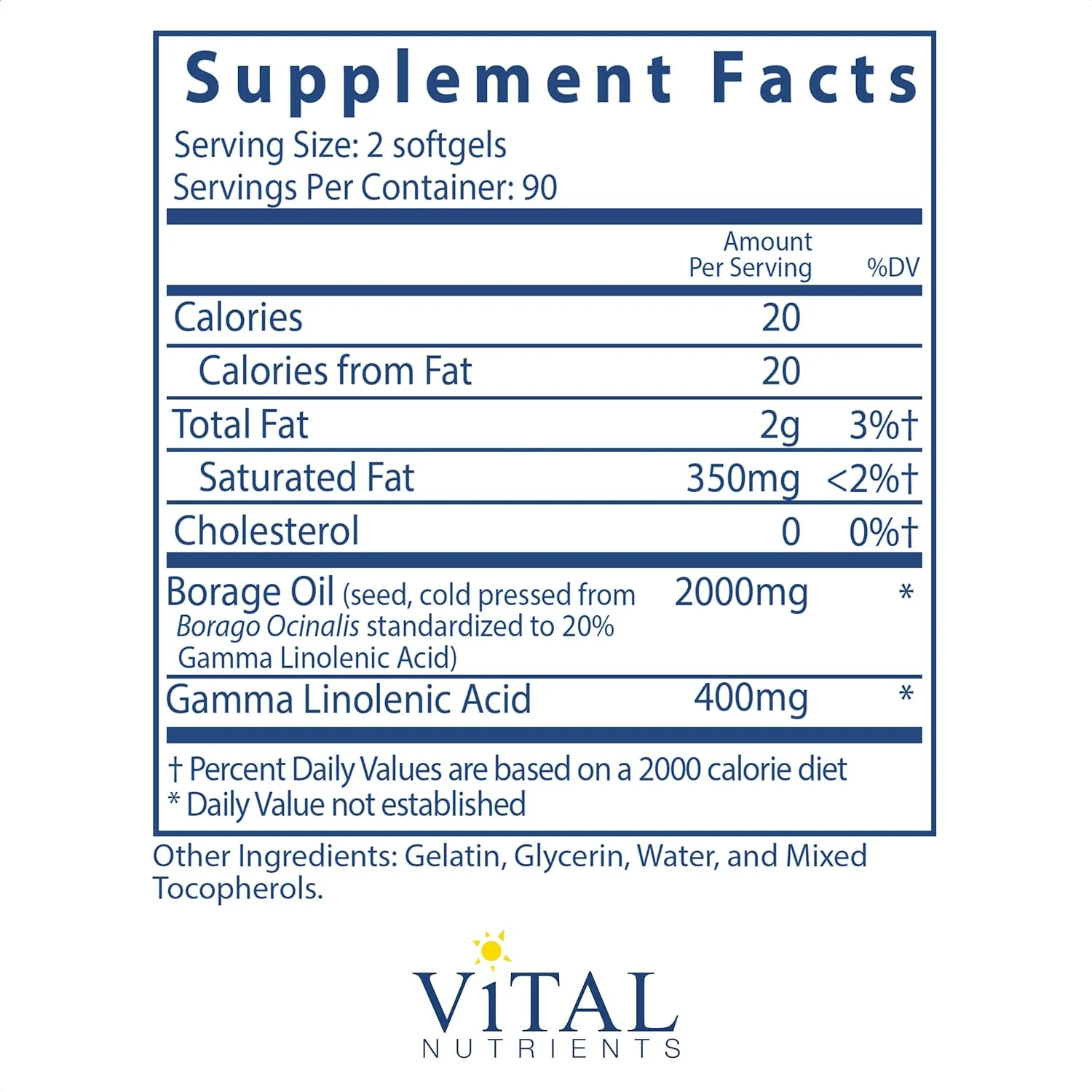Vital Nutrients - Borage Oil - High Dose of GLA, Essential Omega 6 Fatty Acid - Cartilage, Joint, and Nerve Support - 180 Softgels 180 Count (Pack of 1)