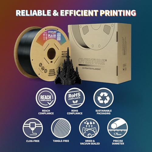 OVERTURE PLA Filament 1.75mm PLA 3D Printer Filament, 2kg Cardboard Spool (4.4lbs), Dimensional Accuracy +/- 0.02mm, Fit Most FDM Printer (Black 2-Pack)