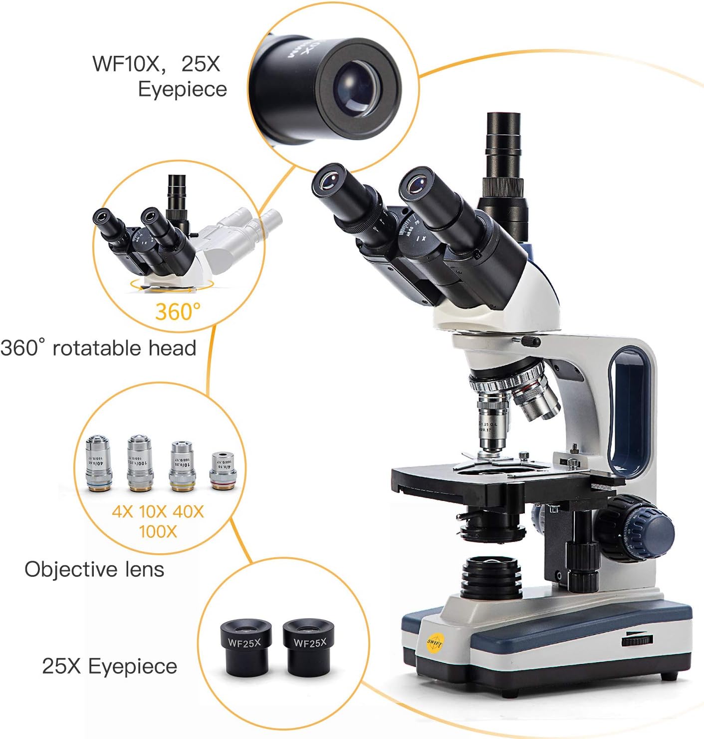 Swift Trinocular Compound Microscope SW350T,40X-2500X Magnification,Siedentopf Head,Research-Grade,Two-Layer Mechanical Stage,1.3mp Camera and Software Windows and Mac Compatible