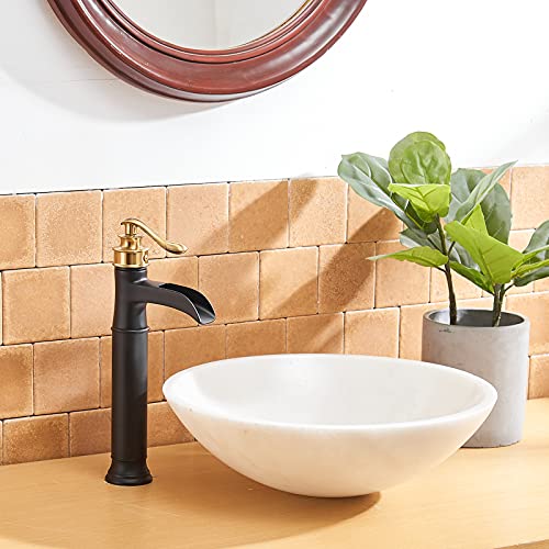 BWE Vessel Sink Faucet Waterfall Matte Black with Pop Up Drain Without Overflow and Supply Lines, Black Sink Faucet Bathroom One Handle Faucets Vanity Bath Mixer Tap
