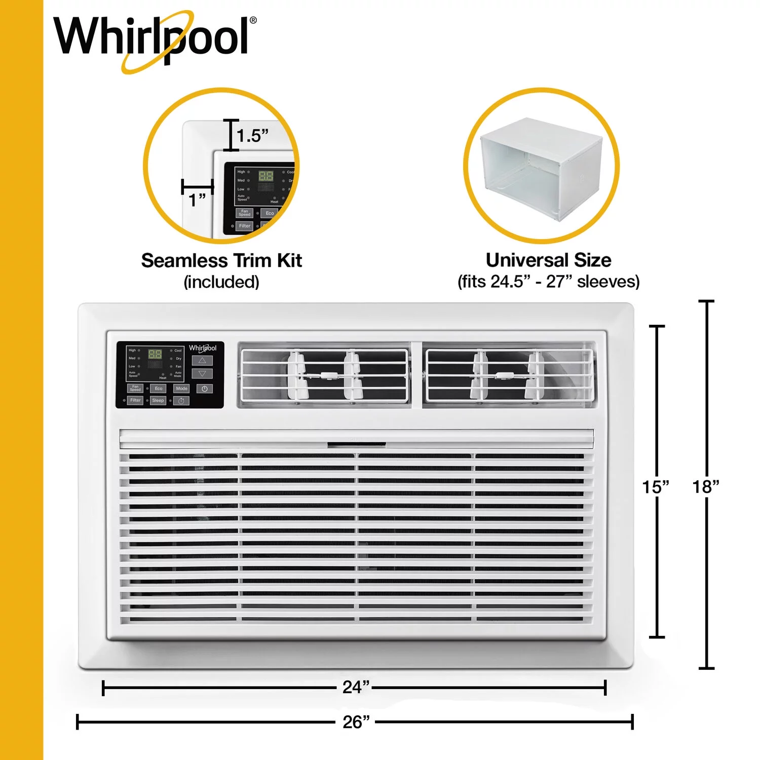 Whirlpool 8,000 BTU 115-Volt 350 Sq.Ft. Wall Air Conditioner with Remote, White, WHAT081-1AW