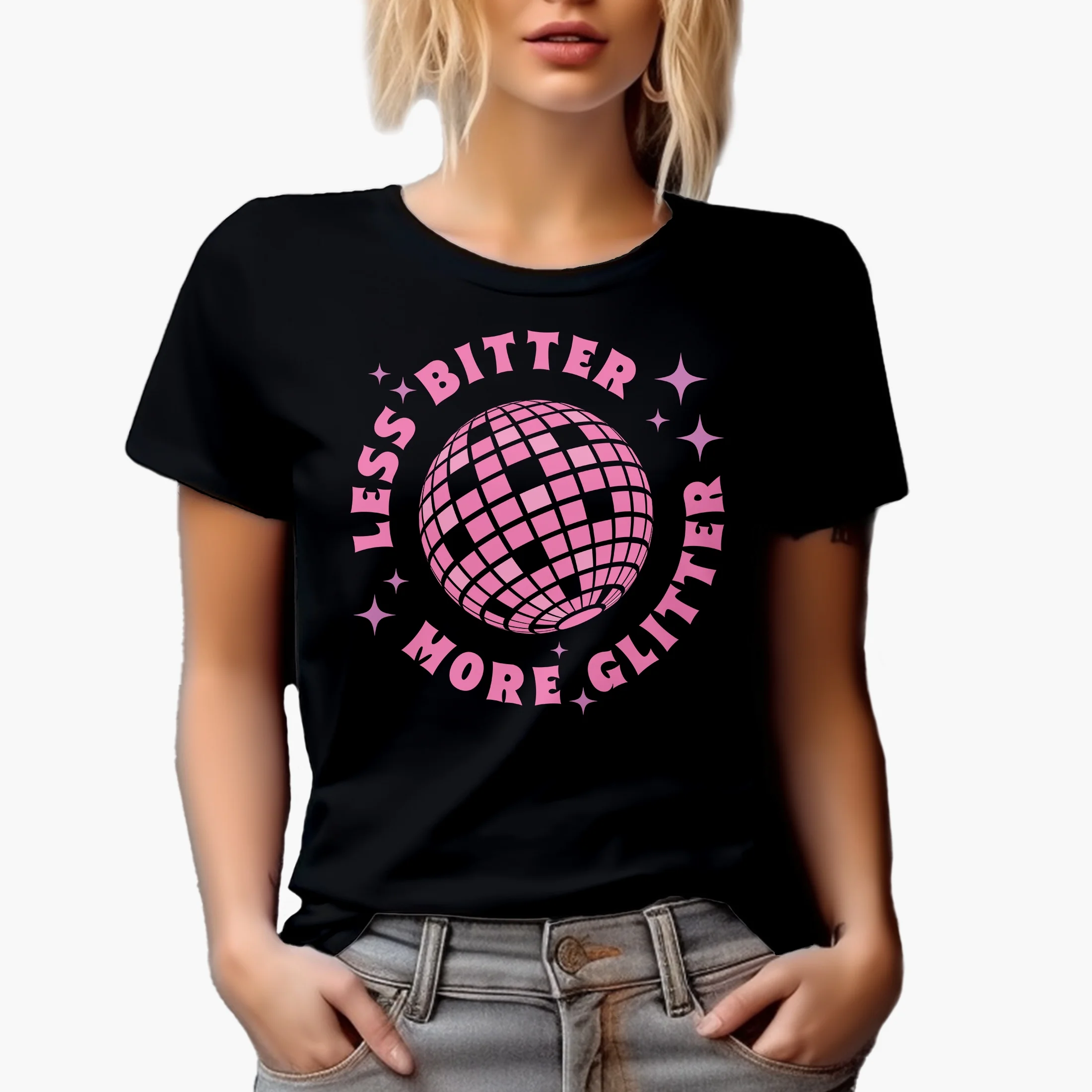 Less Bitter, More Glitter, Pink Text Girl Quote, Sassy Girls Merch Gift, Black T-Shirt, 3XL