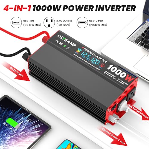 1000 Watt Power Inverter 12V DC to 110V/120V AC Car Inverter with LCD Screen Display, 2 AC Outlets, 36W Type-C Port, 5V/3A USB Port, Car Power Converter for Truck, Home, Vehicles, Laptop, Trip