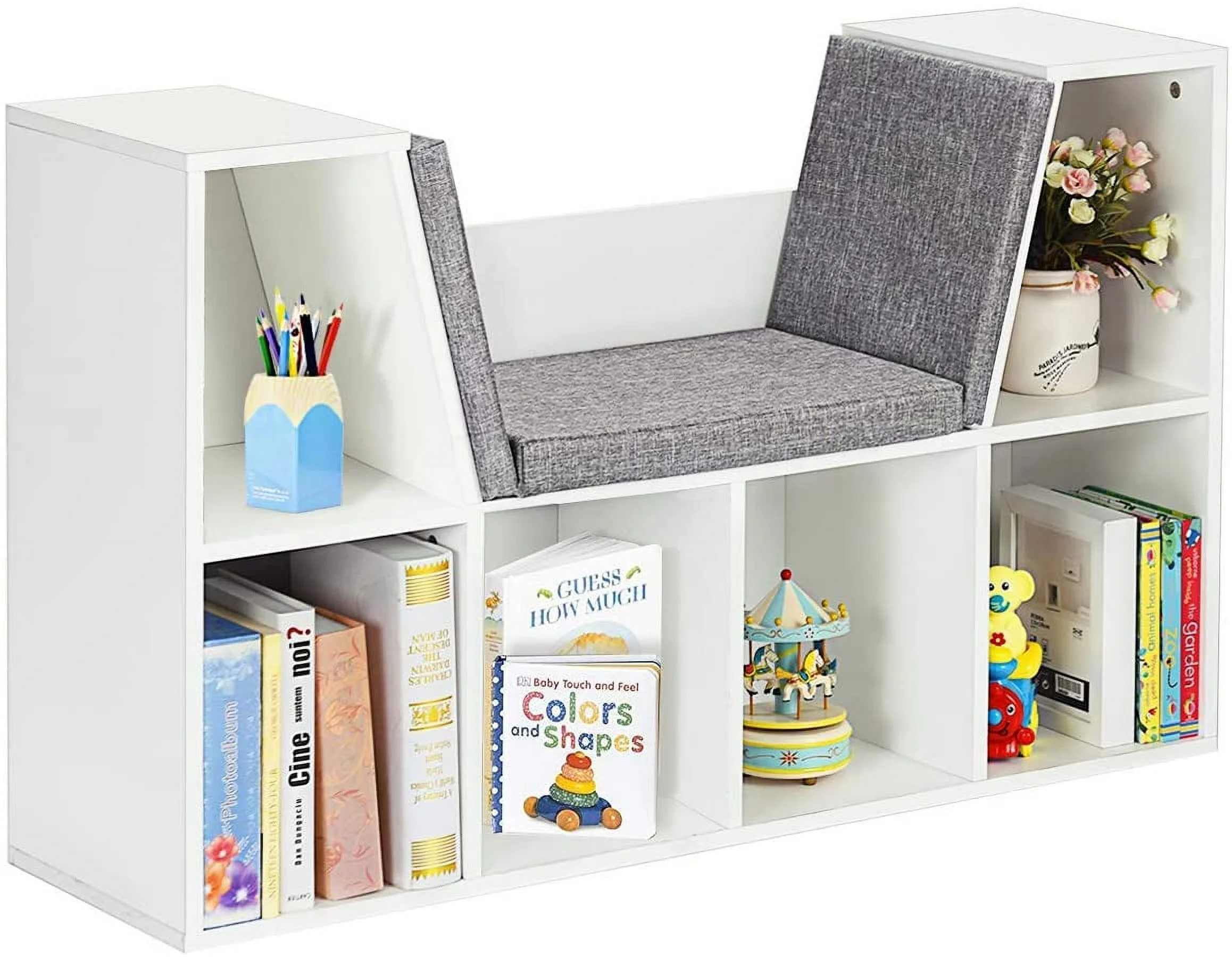 6-Cubby Kids Bookcase w/Cushioned Reading Nook, Multi Purpose Storage Organizer Cabinet Shelf with Soft Cushion and Thick Wood Board for Children Girls & Boys Bedroom Decor Room (Modern White)