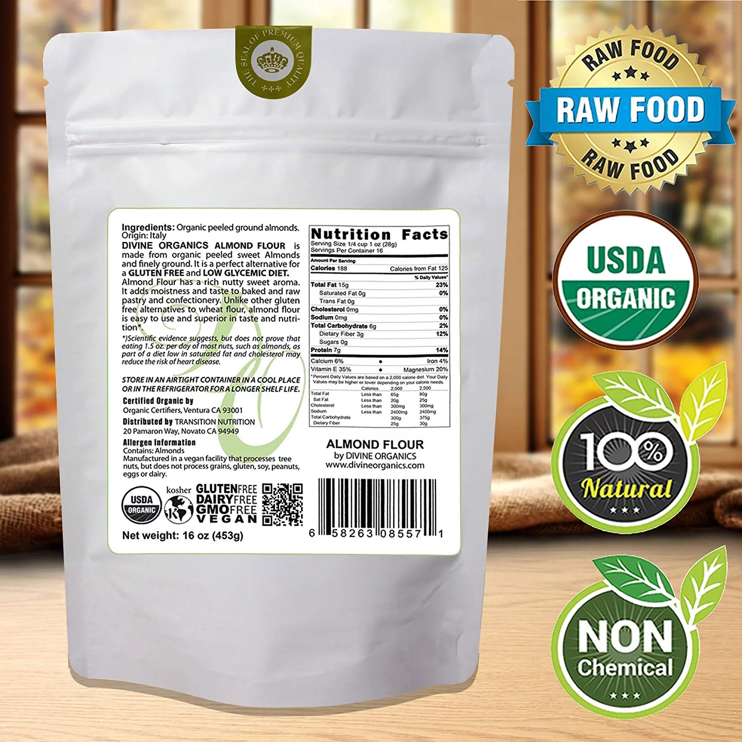 16 oz Organic Almond Flour Powdered Gluten Free Low Glycemic Non-GMO by Divine Organics