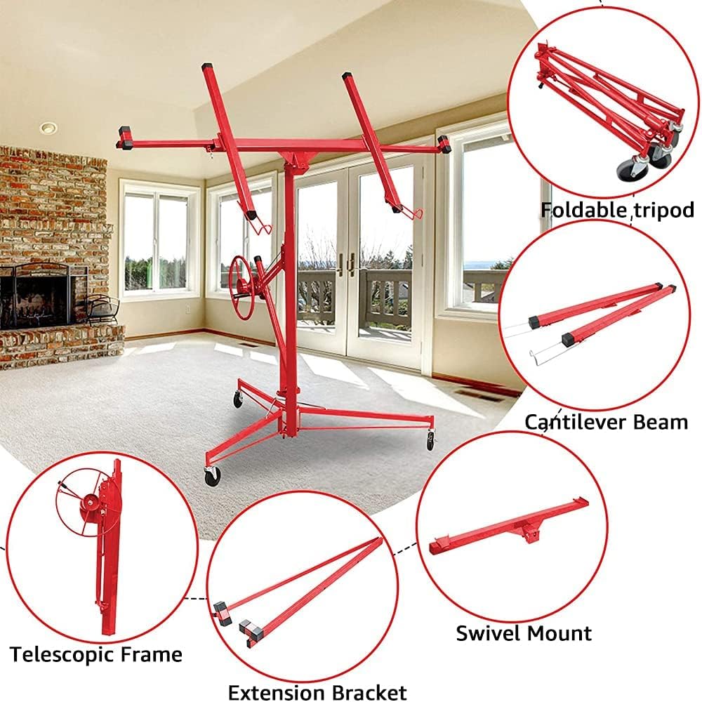 Drywall Lift,Drywall Panel Hoist Lift 11FT Sheetrock Lift Drywall Lift Professional Jack Lifter Heavy Duty Sheetrock Hoist Holder Upgrade Adjustable Telescopic Arm and Caster Wheel Lockable