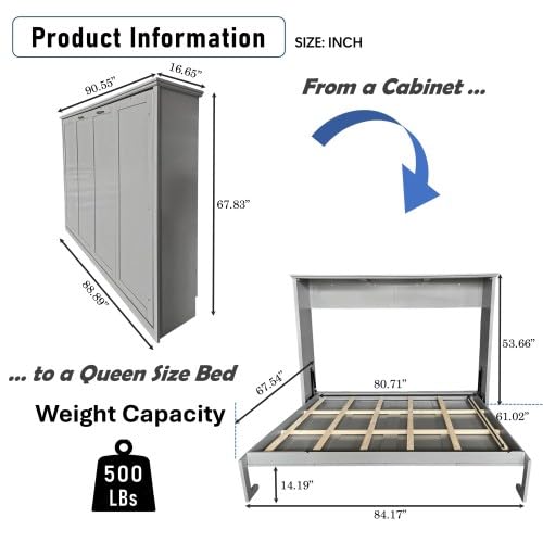 Queen Size Murphy Bed,Wall Bed Frame Folding into Cabinet Design for Small Space,Bedroom,Guest Room,Gray