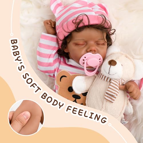 Jirachi Realistic Reborn Baby Dolls, Silicone Soft Body Real Life Baby Girl, Black Lifelike Reborn Babies with Feeding Kit & Gift Box for Kids Age 3+