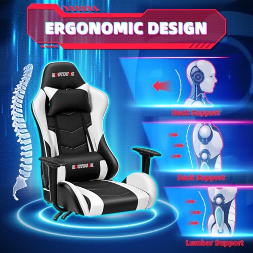 ECOTOUGE PC Massage Gaming Chair with Footrest Ergonomic Office Desk Chair Racing PU Leather Recliner Swivel Rocker with Headrest and Lumbar Pillow, Blue