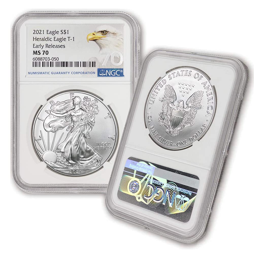 2021 1 oz American Silver Eagle Coin MS-70 (MS70 - Heraldic Eagle T-1 - Early Releases - Eagle Label) $1 Mint State NGC