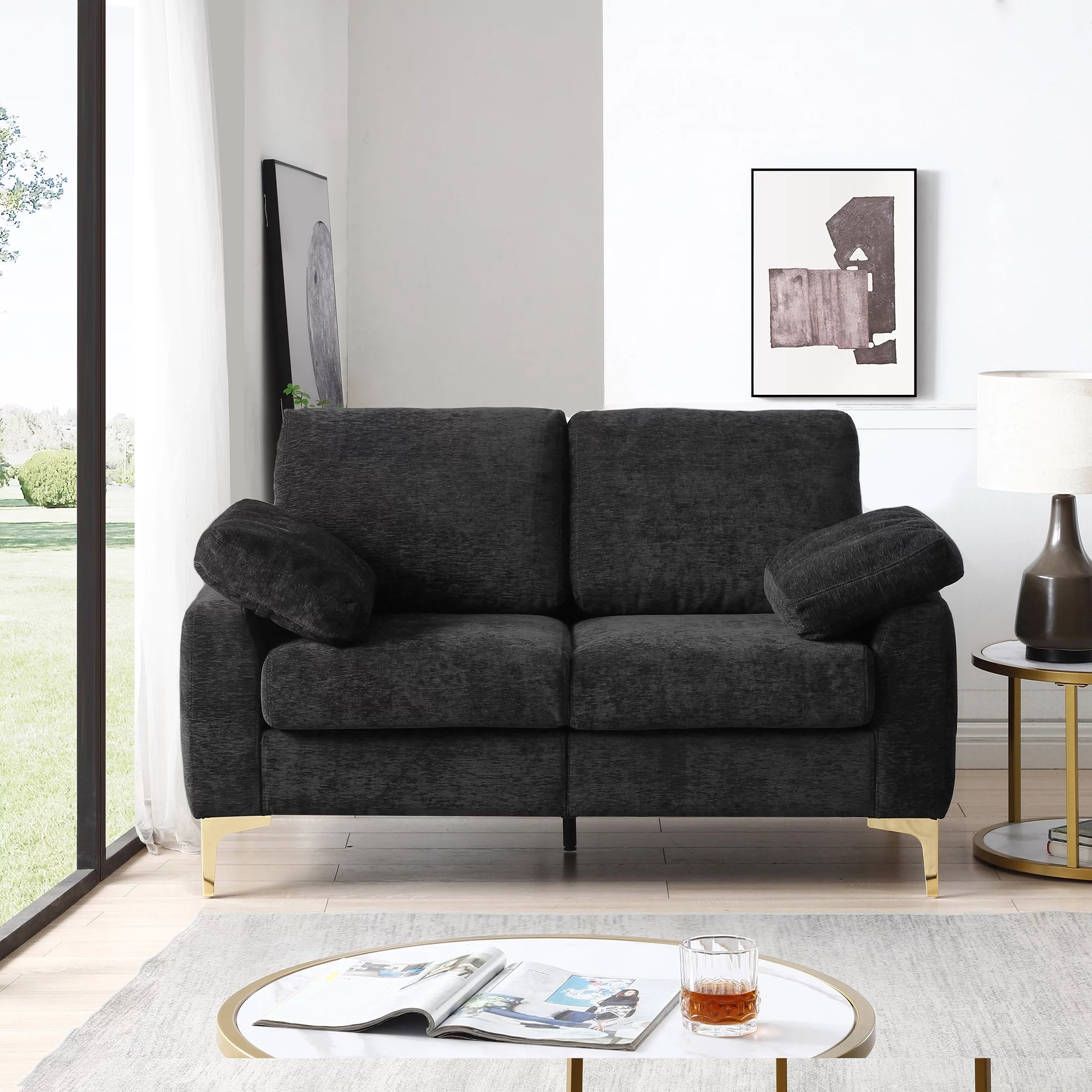 Modern Chenille Upholstered Loveseat, 2 Seater Tufted Sofa Couch with Arm Pillows Metal Legs Removable Cushions for Living Room Bedroom Apartment