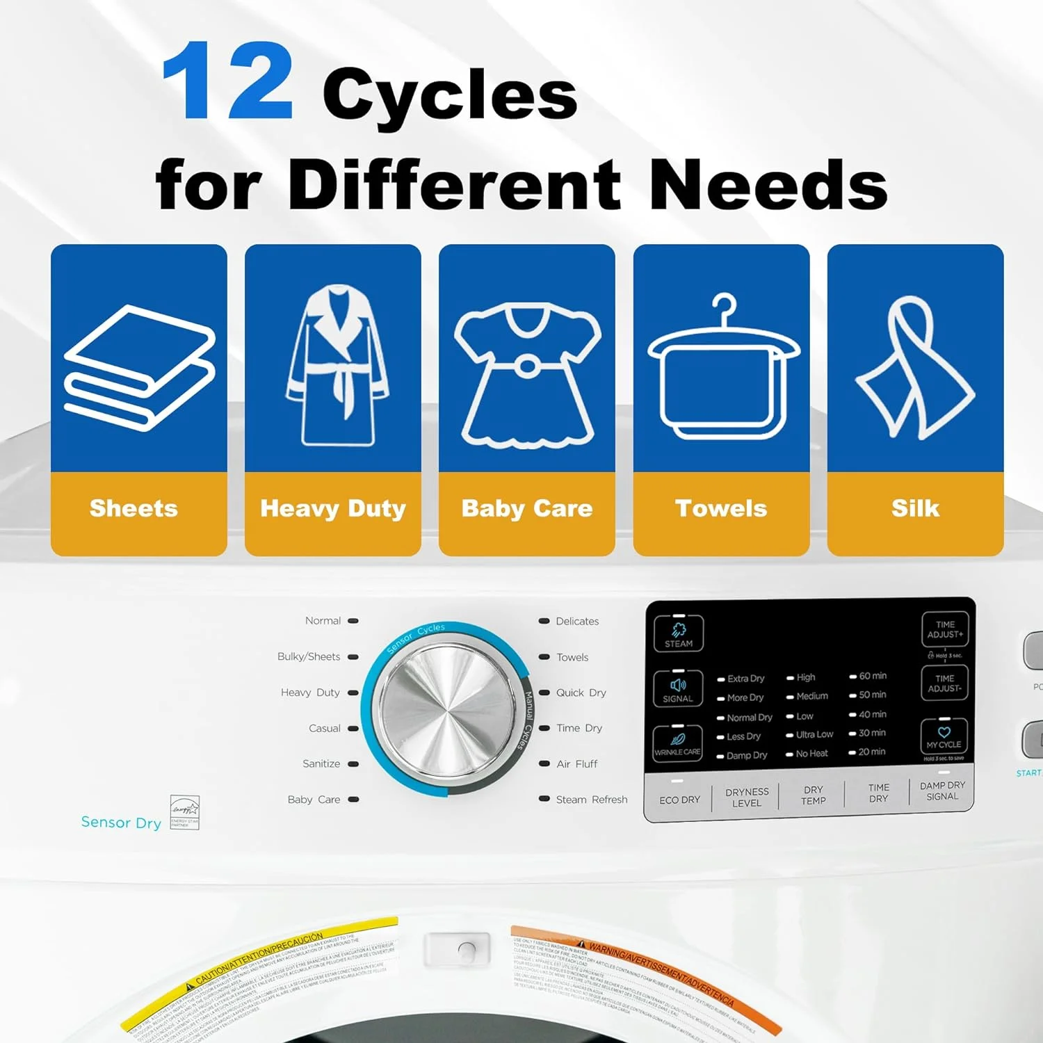 SMAD 8 Cu ft Electric Front Load Dryer, 27 in.W Large Capacity, Steam Function, Wrinkle Care, Stackable, Reversible Door