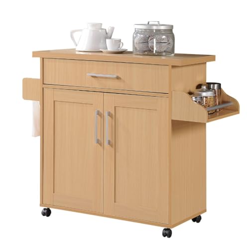 Hodedah Rolling Wood Kitchen Island Cart with Spice Rack, Towel Rack, Utensil Drawer plus Cabinet, White with Beech Top