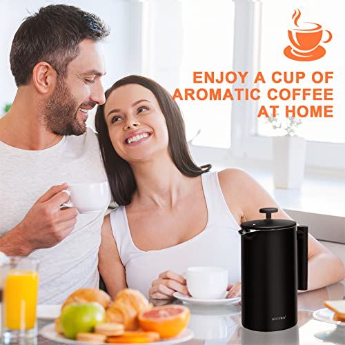Secura French Press Coffee Maker, 304 Grade Stainless Steel Insulated Coffee Press with 2 Extra Screens, 34oz (1 Litre), Silver