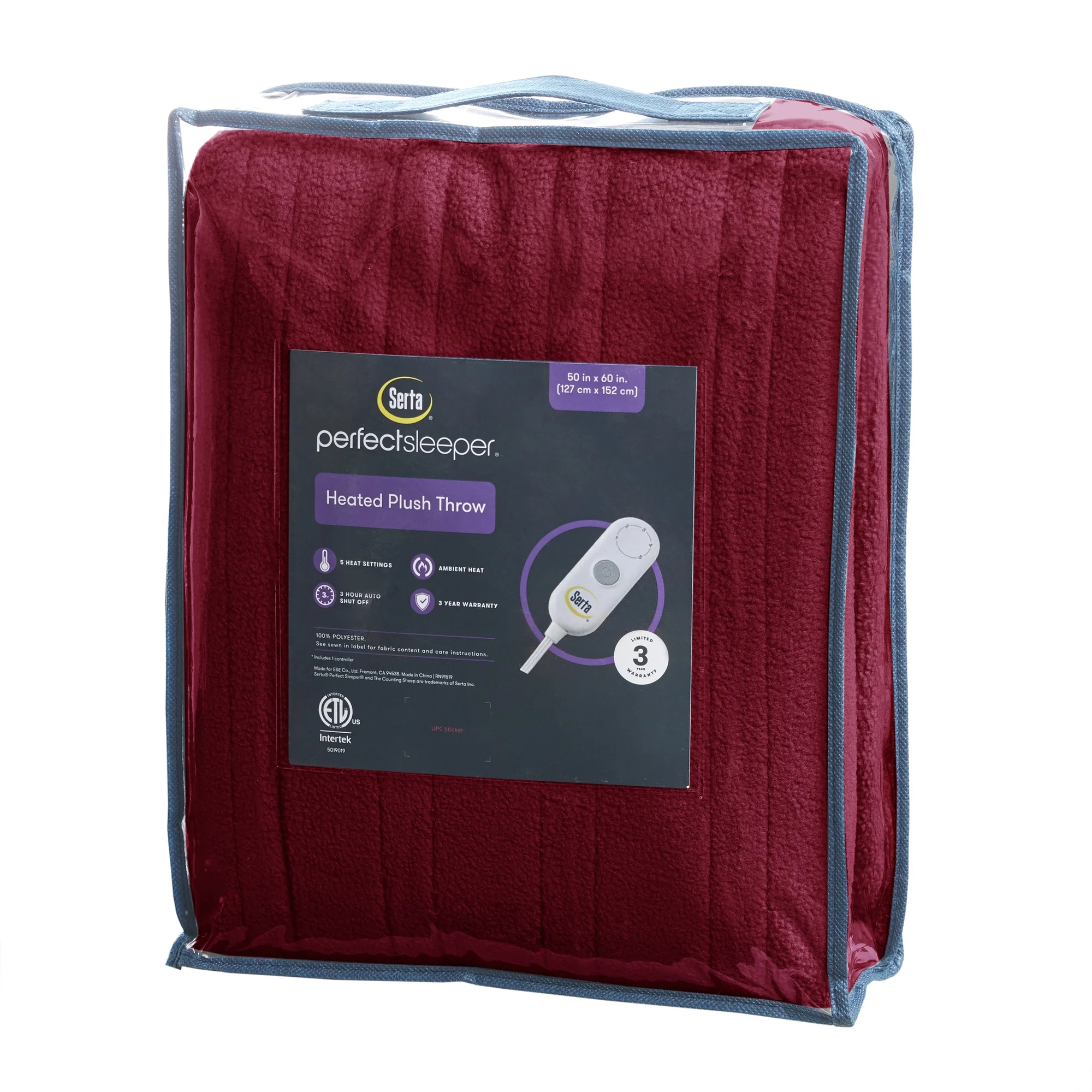 Serta Freya AZ Fleece to Sherpa 1-Piece Berry Red Reversible Fast Heating Throw, 50x60