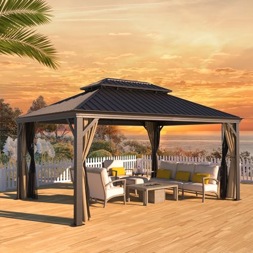 Gazebo 10' x 12' with Mosquito Net and Privacy Sidewalls, Patio Aluminum Permanent Gazebo, All Weatherproof Outdoor Hardtop Metal Gazebos，for Patio, Garden, Parties, Backyard,Lawn.