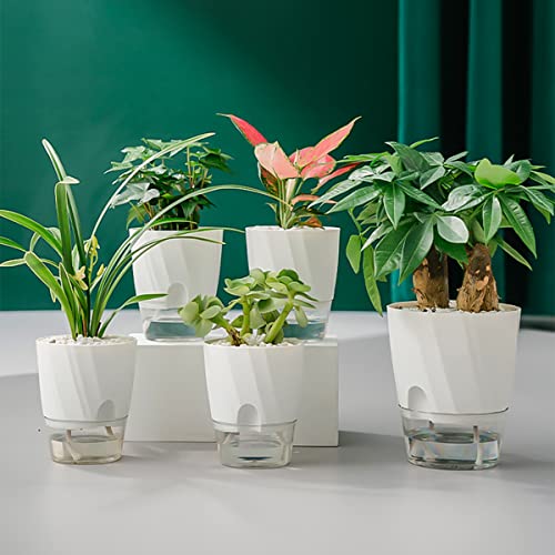 5 Pack Self Watering Planters 6 Inch Pots for Indoor Plants Plastic Plant Pot for African Violets, Flower Pots with Decorative Stones, White