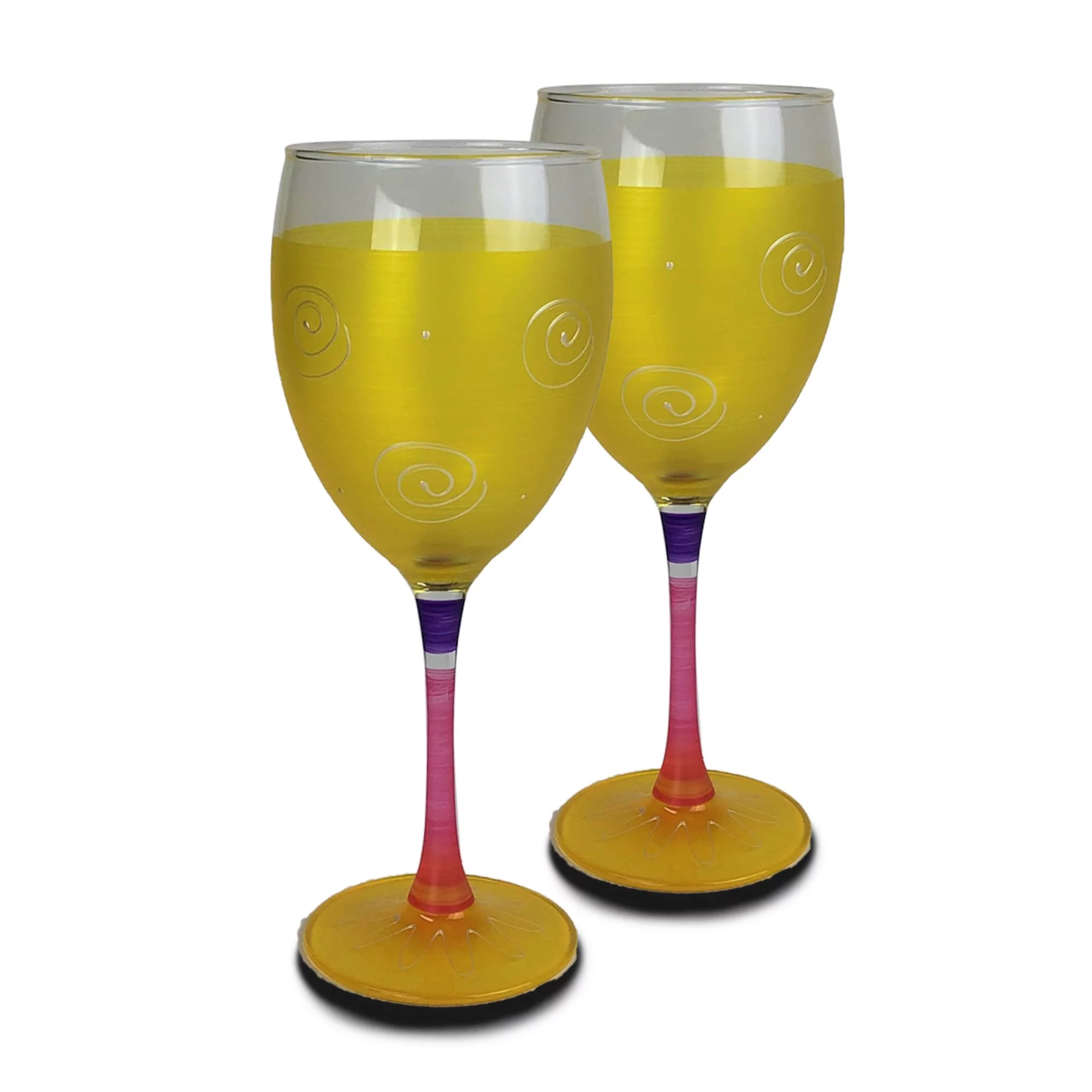 Crafted Creations Set of 2 Yellow and Pink Hand Painted Wine Drinking Glasses 10.5 oz.