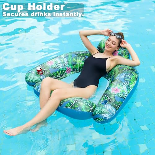 FindUWill Pool Floats Chairs Adult - 2 Pack 65'' x 42'' Large Pool Float Chairs, Inflatable Pool Lounger with Cup Phone Holder, Backrest, Footrest, Tanning Pool Lounge