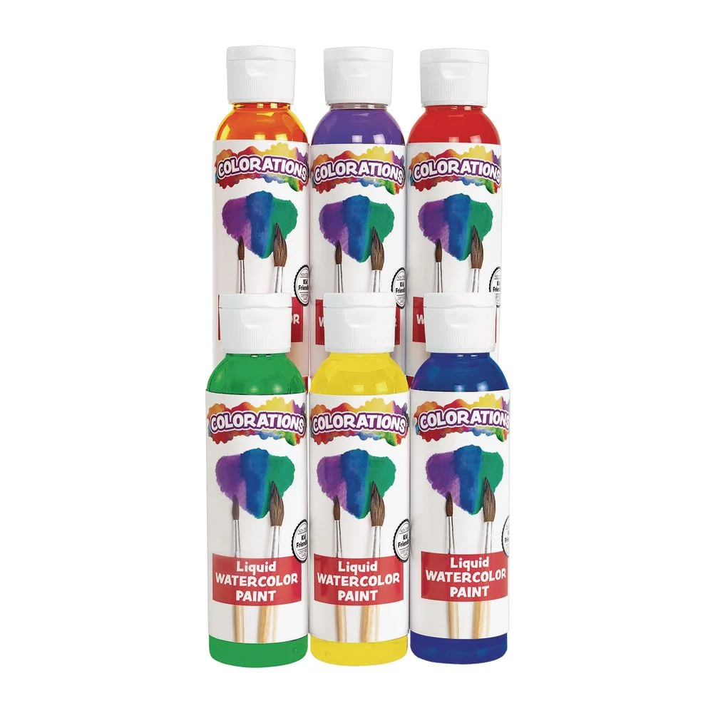 Colorations Liquid Watercolor Paint, 4 fluid ounces oz, Set of 6, Non-Toxic, Painting, Kids, Craft, Hobby, Fun, Water Color, Posters, Cool effects, Versatile, Gift (Item # LWPACK)