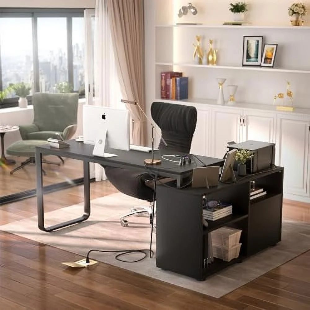 HJZBNONE L Shaped Desk with File Cabinet & Power Outlet  Reversible 55 Inch Large Corner Computer Desks with LED Strip  L-Shaped Computer Desk with Drawers and  Shelves  Grey