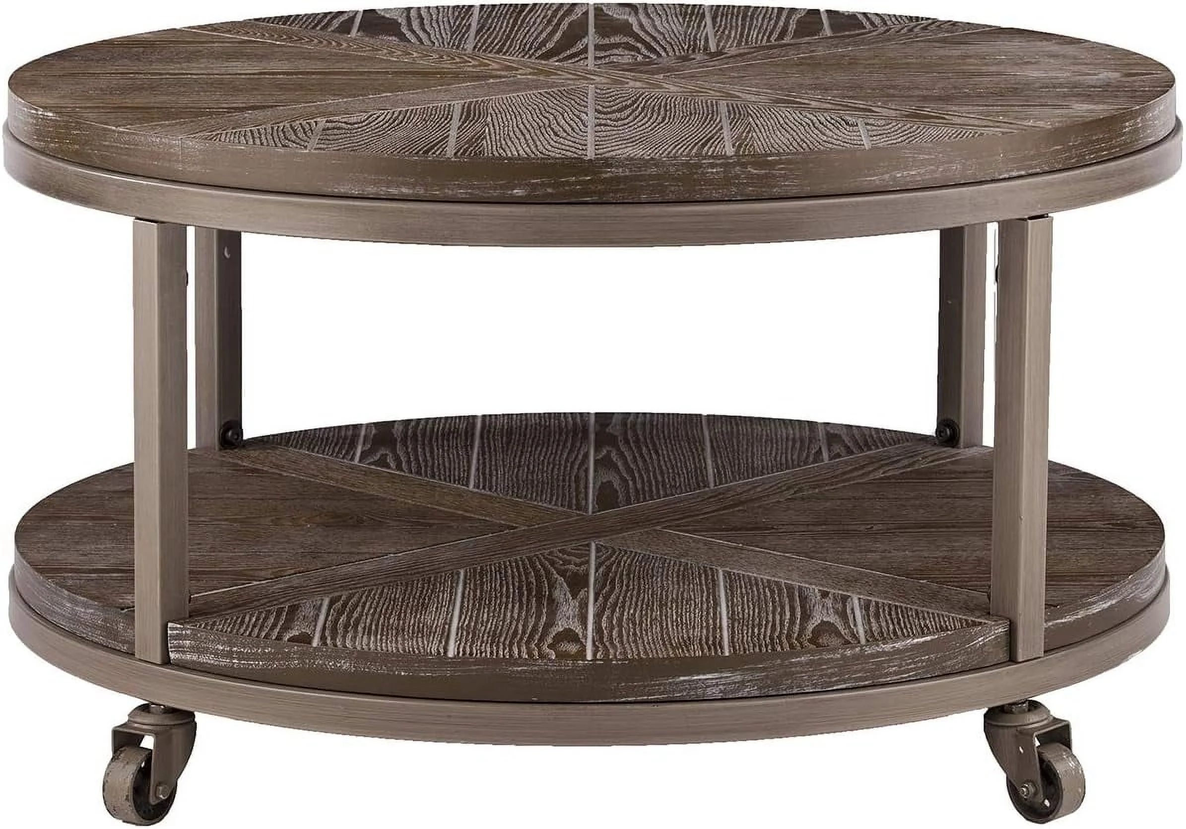 Konya Urban Industrial Round Coffee Table, White-Limed Burnt Oak/Distressed Gray