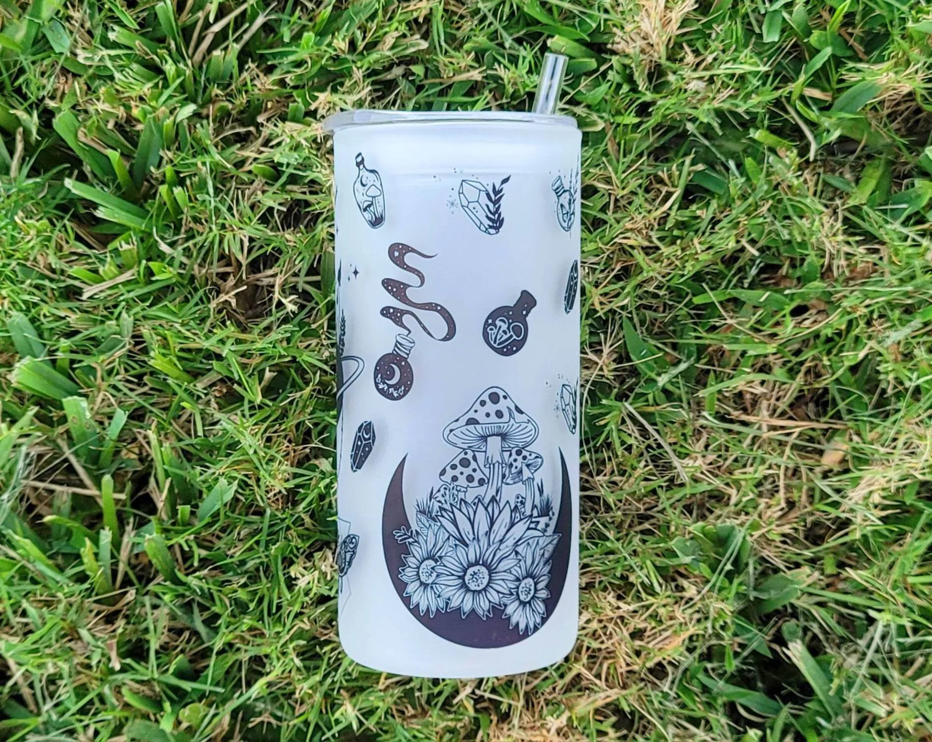 Mushroom Beer Can Glass | Boho Moth Coffee Glass | Aesthetic Coffee Glass | 20 oz