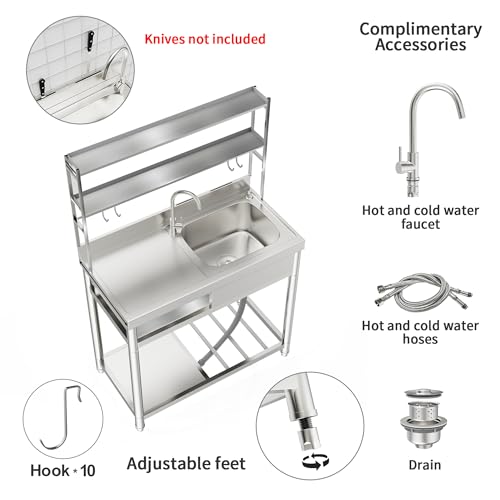 ROOMTEC 304 Stainless Steel Utility Sink Set, Single Bowl Commercial Sink with Drainboard and Hanging Tools for Kitchen, Garage, Laundry Room (Right bowl)