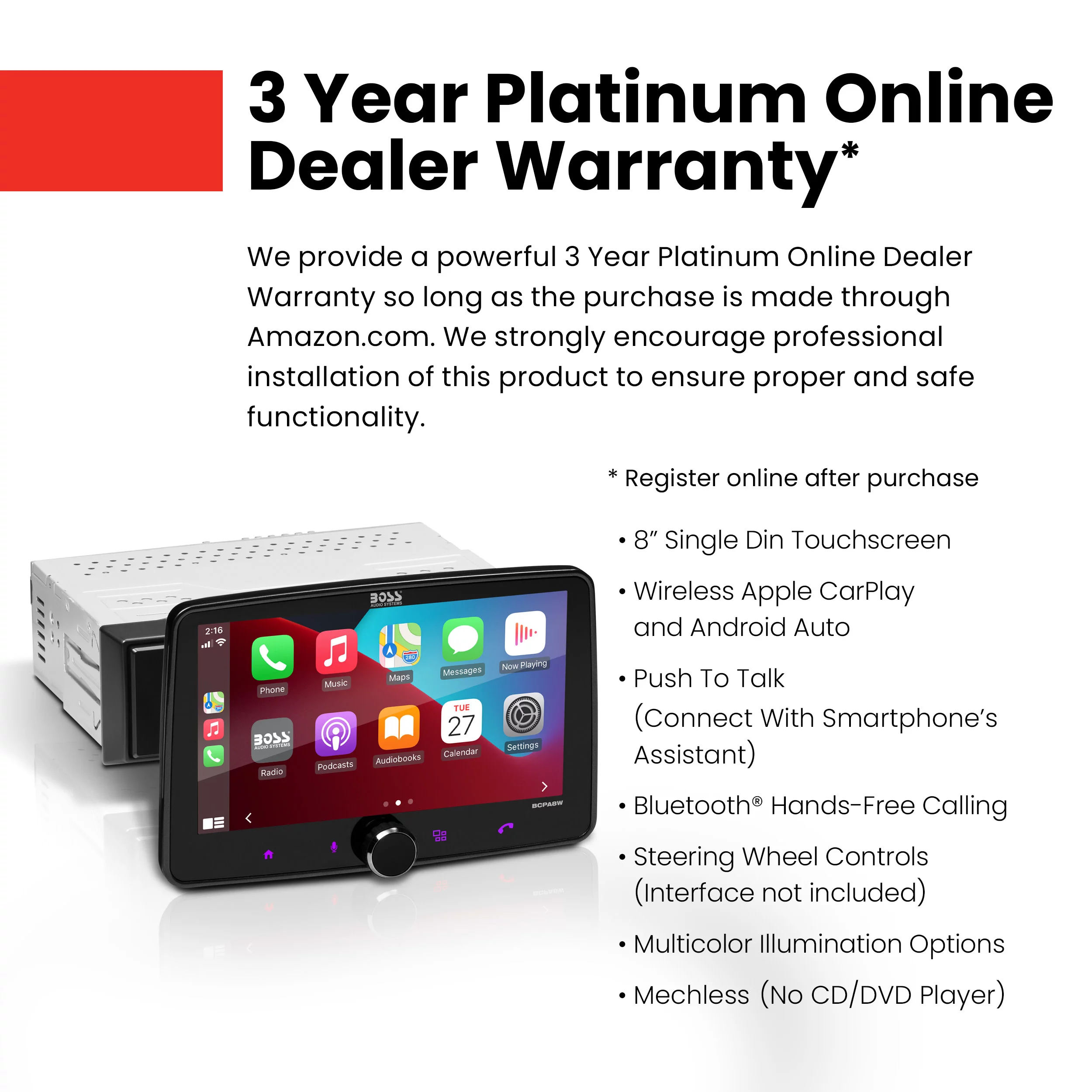 BOSS Audio Systems BCPA8W 8” CarPlay Android Car Stereo